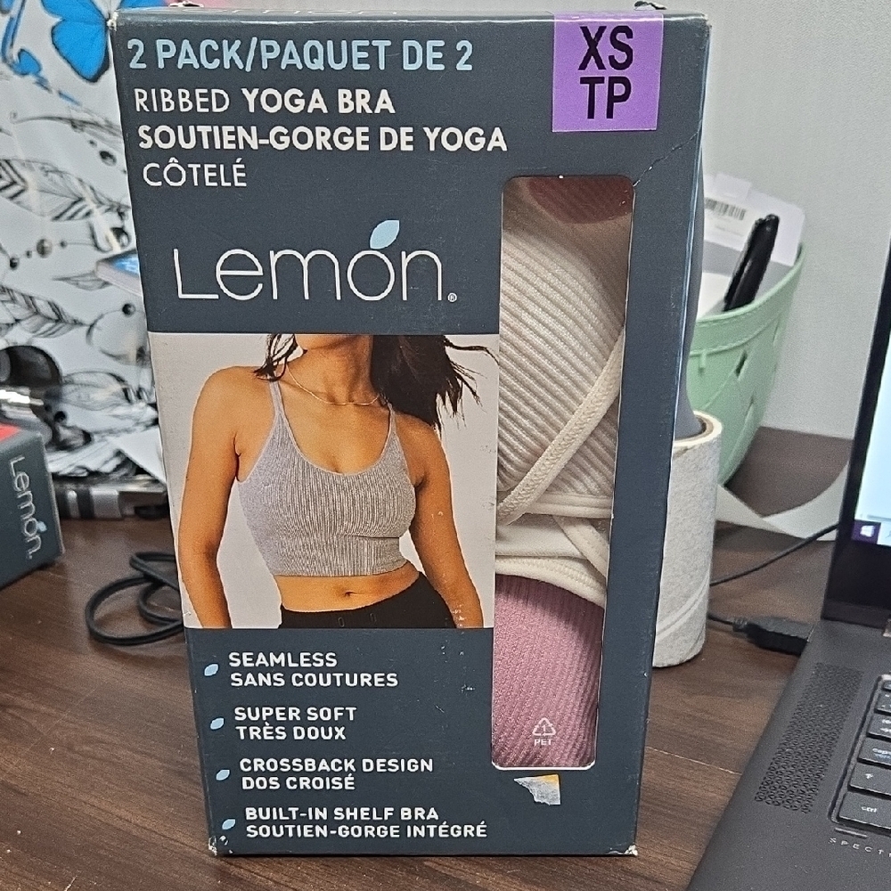 Lemon Size XS Beige and Pink 2 Pack of Ribbed Yoga Bras